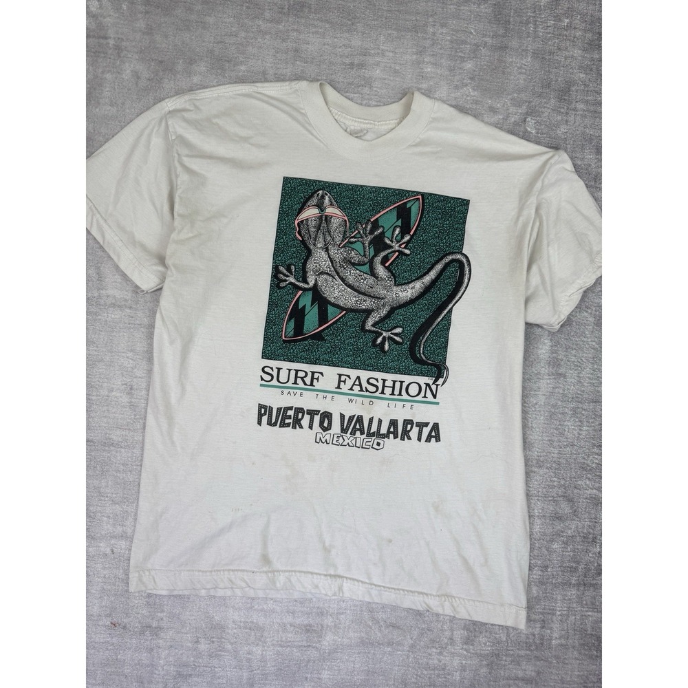 Vintage Nature Shirt Mens Large White Safe The‎ Wild Life Surf Fashion 90s Gecko